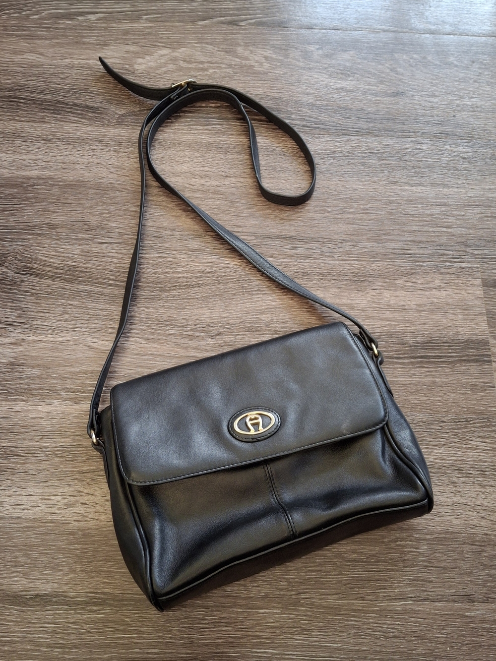 Aigner Black Leather Crossbody Bag with Gold Accent Soft